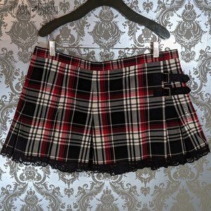 Lace Trim Buckle Side Plaid Skirt